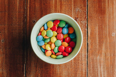 Directly above shot of multi colored eggs in bowl on table