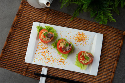 High angle view of breakfast served on table