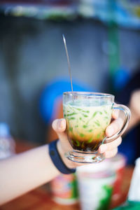 Close-up of beer glass on table