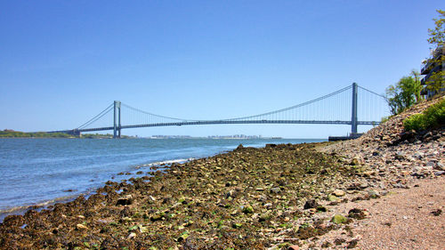 View of suspension bridge against clear sky