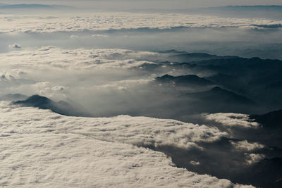 Aerial view of snowcapped landscape against sky