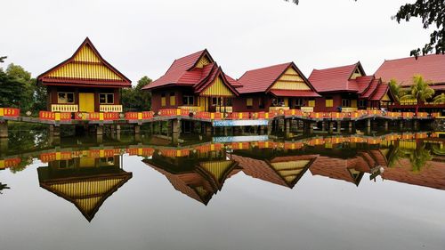 Houses by lake against sky