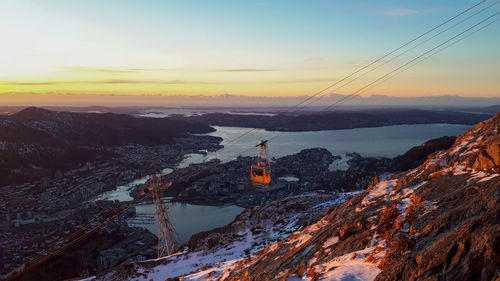 High angle view of buildings and mountains against sky during sunset