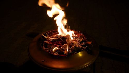 High angle view of fire pit in darkroom