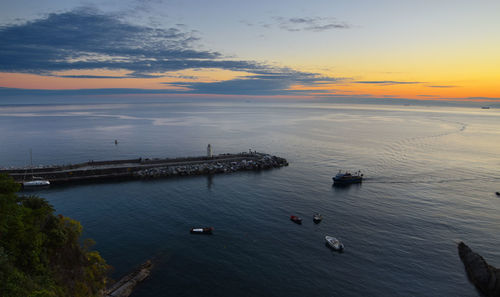High angle view of sea against sky during sunset