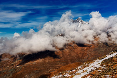 Scenic view of snow covered mountains against sky