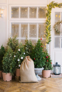 Bag with gifts, christmas trees near the entrance doors of a private house decorated