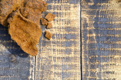 High angle view of bread on wooden table