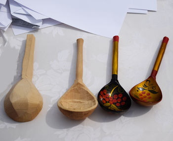 Close-up of objects on table against white wall