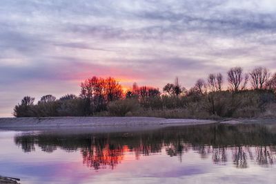 Scenic view of lake against sky at sunset