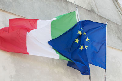 Low angle view of flag against wall