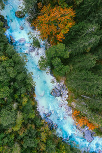 Aerial image of beautiful soca river surrounded by colorful fall foliage, slovenia