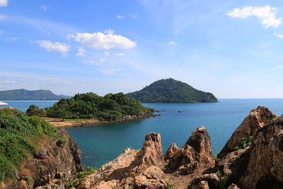 Panoramic view of sea and rocks against sky