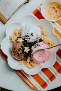 High angle view of dessert in plate on table