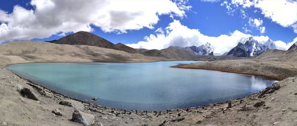 Panoramic view of the gurudongmar lake against a blue sky