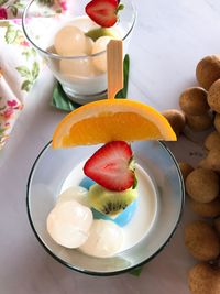 High angle view of breakfast served on table