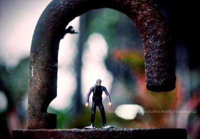 Rear view of photographer standing on metal structure