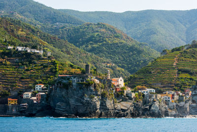 Scenic view of sea and mountains