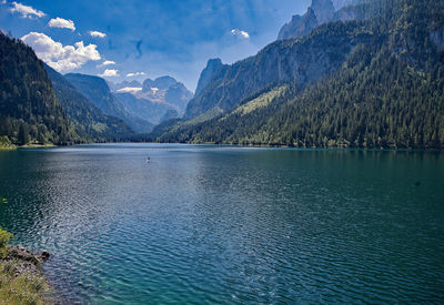 Scenic view of lake by mountains against sky