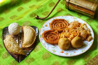 High angle view of breakfast served on table