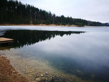 Scenic view of lake in forest against sky