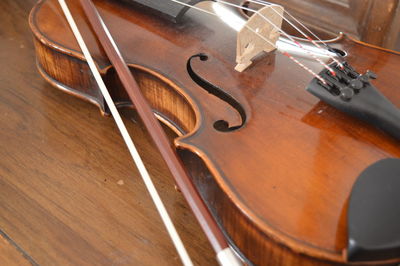 High angle view of violin on table