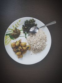 High angle view of breakfast served on table