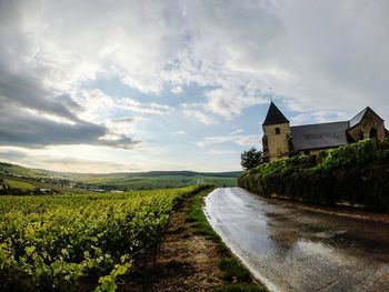 Scenic view of field against cloudy sky