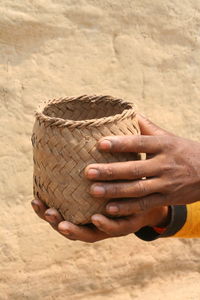 Cropped hand of man holding seashell at beach