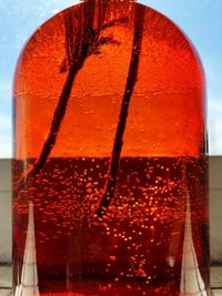 Close-up of wet glass against sky