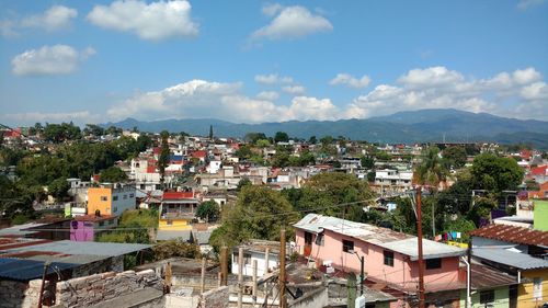 High angle view of town against sky