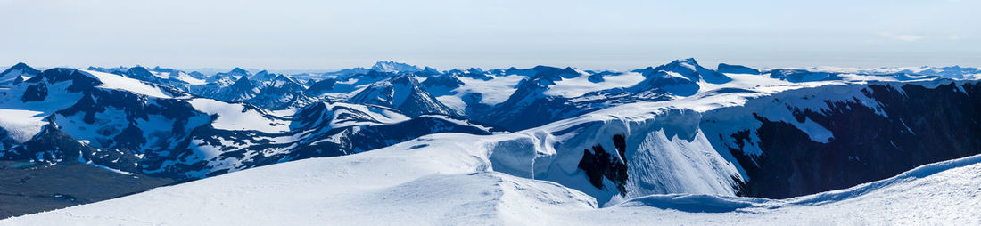 Panoramic view of snowcapped mountains against sky