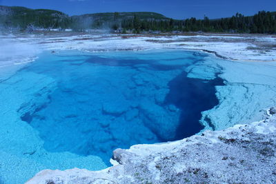 Scenic view of frozen lake against blue sky