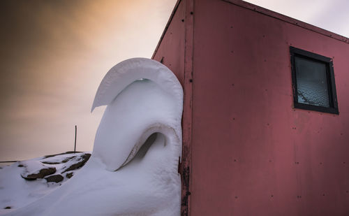 Close-up of snow on building against sky