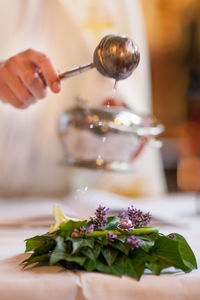 Cropped hand pouring water on plants