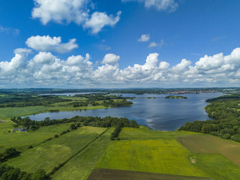 Aerial photo of skanderborg lake in sunshine, denmark