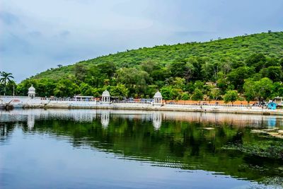 Scenic view of lake by trees against sky