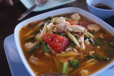 High angle view of soup in bowl on table