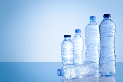 Close-up of water bottle against clear blue sky