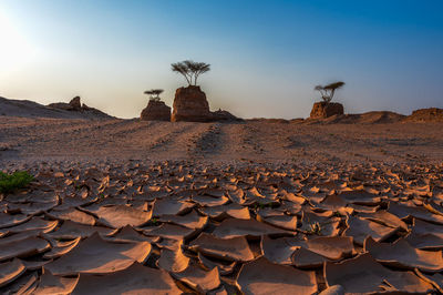 Scenic view of rocks on shore against sky