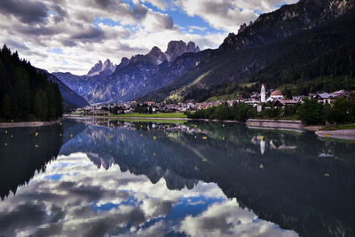 Scenic view of lake and mountains against sky