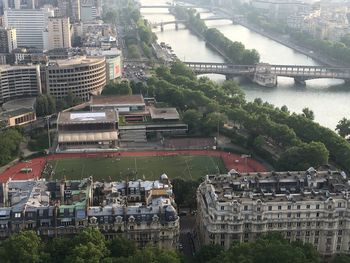 High angle view of buildings and bridge in city