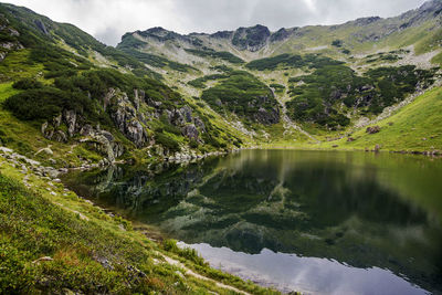 Scenic view of lake and mountains against sky