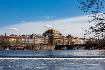 Beautiful old town of prague city, the vltava river and iconic charles bridge seen from kampa park