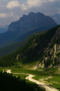 Scenic view of river by mountains against sky