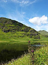 Scenic view of lake with mountains in background