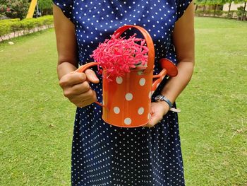 Midsection of a woman holding plant on field