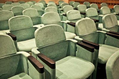 High angle view of empty seats in cinema auditorium 