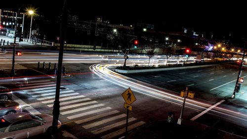 Light trails on road at night