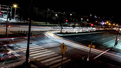 Light trails on road at night